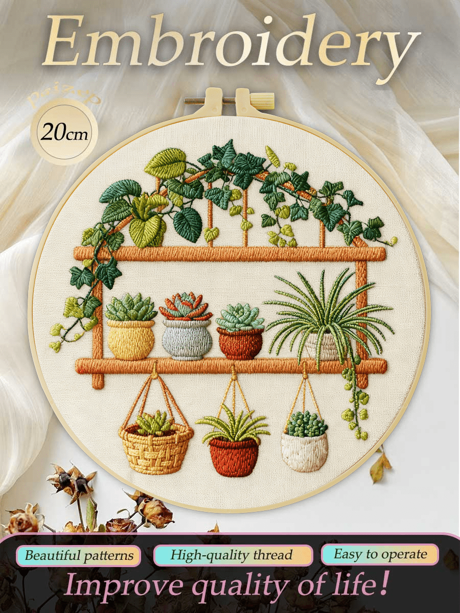Bộ kit thêu 15x15cm/5.9x5.9 inch, 20x20cm/7.9x7.9 inch, bộ thêu thủ công tự làm với họa tiết chậu cây, phù hợp cho người lớn mới bắt đầu, bao gồm vải thêu, hướng dẫn, khung thêu và kim, món quà tuyệt vời cho bạn bè và gia đình, trang trí nhà cửa, đồ thủ công văn phòng.