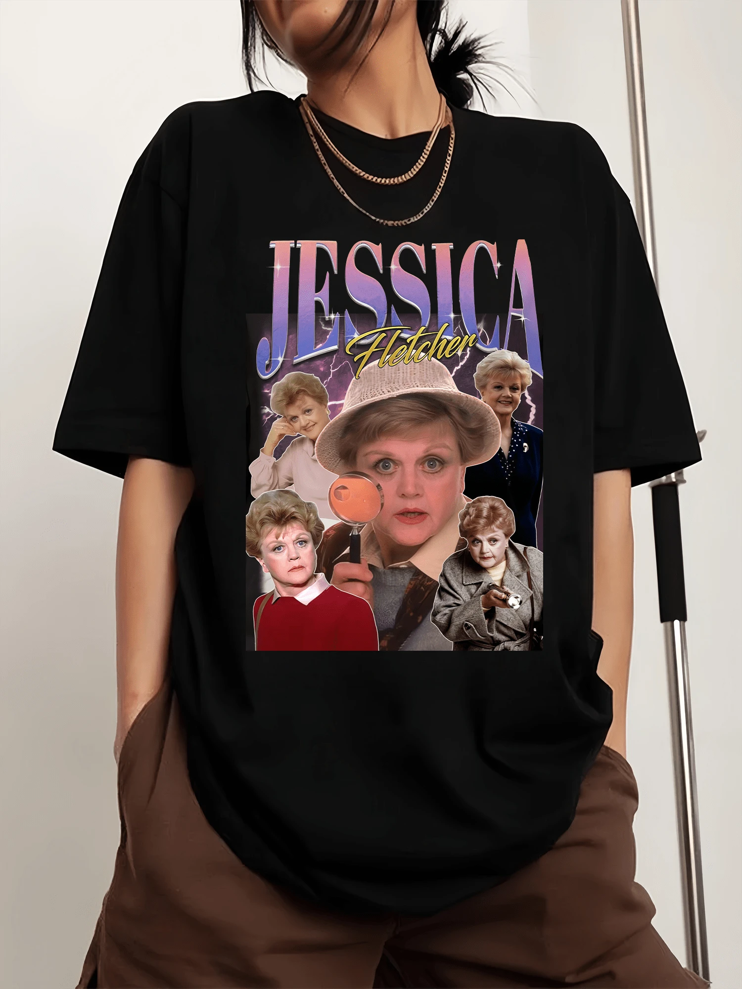 Jessica's Fletcher Hoodie, Crew Neck Sports T-Shirt With Print For Men, Short Sleeve - Black - View 1
