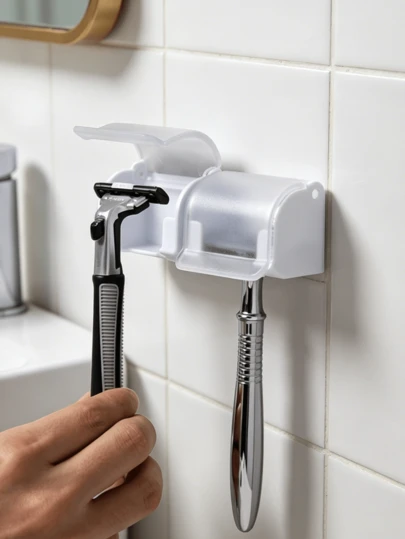 1 Giá treo dao cạo và bàn chải đánh răng bằng nhựa gắn tường, không cần nguồn điện, phụ kiện lưu trữ phòng tắm, dễ dàng sắp xếp.