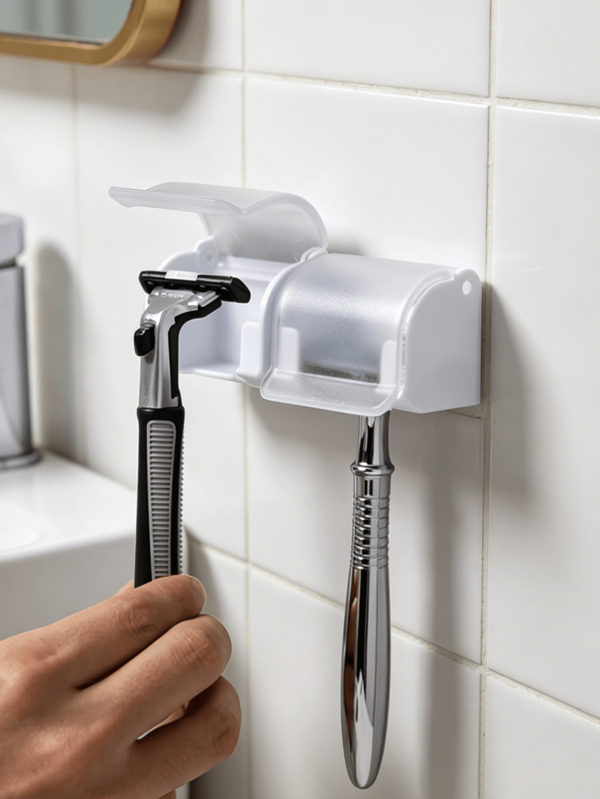 1 Giá treo dao cạo và bàn chải đánh răng bằng nhựa gắn tường, không cần nguồn điện, phụ kiện lưu trữ phòng tắm, dễ dàng sắp xếp.