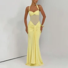 Spaghetti Strap Backless Mesh High Slit Fishtail Slip Dress, 100% Cotton Elegant Prom Dress For Summer Party Vacation - 白色 - 查看 4