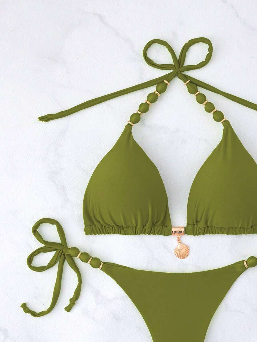WD MODAS Tie-Up Bikini With Shell Pendant And Gold Details, Comfortable Fit And Modern Design XX266 - Olive Green - View 1