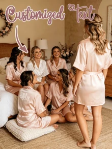 Bata de novia de satén personalizada, diseño de manga corta, bata de novia dama de honor personalizada, bata de satén personalizada, bata de novia personalizada, bata de preparación de dama de honor, bata de fiesta de boda, bata con ribete de encaje, bata con nombre personalizado, regalo de bata de novia (manga corta/talla: XL) - Multicolor - Ver 4