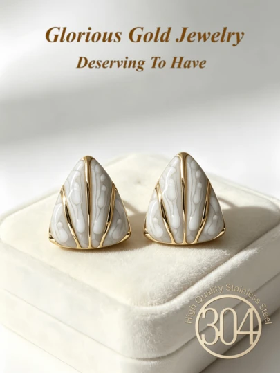 White Enamel Gold-Style Stainless Steel Stud Earrings In Geometric Shapes. Simple Gold-Plated Earrings. Lightweight And Iconic Jewelry. Suitable For Daily Wear.Mothers Day Gift,Gifts For Women,Jewelry Women