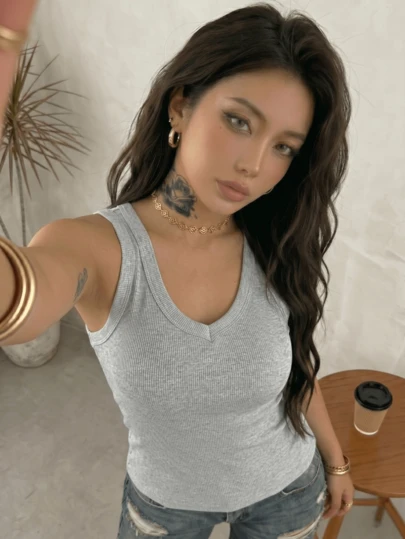 Women's Basic Ribbed Tank Top, V-Neck Sleeveless Fitted Camisole, Y2K V-Neck Tank, Women's Ribbed Sleeveless Cropped Tank, Casual Streetwear Fitted Basic Undershirt For Summer, Soft Basic Layering Camisole