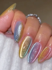 24 Stück mittel-lange Kunstnägel Y2K Dopamin glänzende Katzenauge Acryl Nagel Aufkleber, DIY bunte Kunst, geeignet für den täglichen Gebrauch, Feiertagspartys, Dekorationen oder Geschenke - Verschiedenfarbig - Übersicht 1