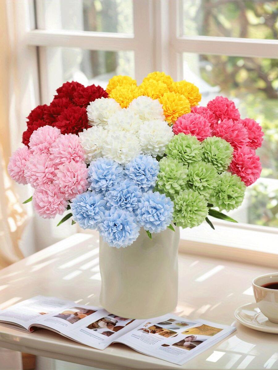 6支仿真菊花/非洲菊,多色带绿叶,耐用塑料材质,免维护,适用于家居、婚礼、派对、桌面装饰、圣诞节、万圣节、感恩节、复活节、室内/室外、夏季装饰 - 彩色 - 查看 1