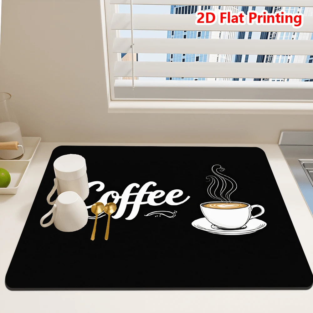 1/10pcs Coffee Cup Print Kitchen Absorbent Mat, Super Absorbent Quick-Dry Diatomaceous Earth Non-Slip Dish Drying Mat, Suitable For Kitchen Countertop Coffee Machine Decoration - Black - View 1