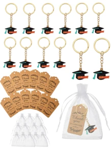 12pcs/Set Graduation Souvenir Keychain Gift Set, Graduation Cap & Book Pendant With Gift Bag And Card, Graduation Party Favors - Black - View 2