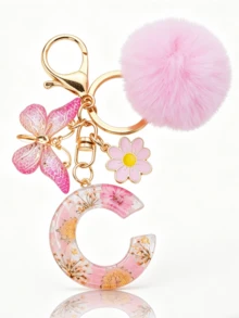 1pc Dried Flower Resin English Letter Keychain, Fashion Women Keychain With Butterfly Tassel Plush Ball Decor, Gift For Mom And Best Friend - Baby Pink - View 26