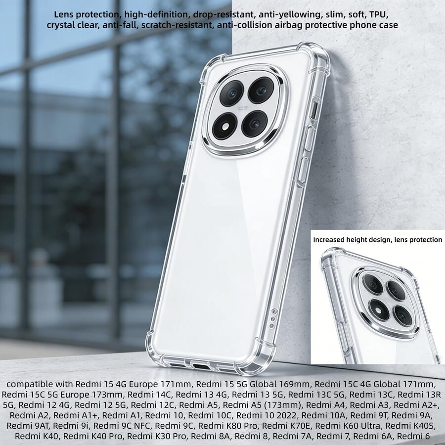 Transparent Anti-Drop Phone Case Suitable For Redmi A5 (171mm), A5 (173mm), 15 4G Europe 171mm, 15 5G Global 169mm, A4, A3, 14C, 12 5G, 13C, 13C 5G, 12C, 10C And Other Models. Features Include Lens Protection, Anti-Fingerprint, High-Definition, Anti-Drop, And Anti-Scratch. Protects The Phone's Back Cover And Frame From Daily Bumps. Made Of Lightweight And Flexible TPU Material. - Clear - View 1