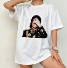 Michael Jackso Vintage Retro Commemorative Portrait Crew Neck T-Shirt | Unisex Nostalgia Pop Icon Fan Shirt White - White - View 6