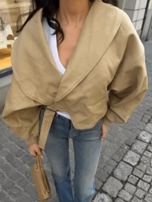 GDDYIN Women's New Casual Streetwear Oversized Lapel Short Coats - Khaki - View 5
