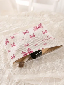 [Lightweight Bow Makeup Bag] Fashion Bow Corduroy Makeup Bag - Lightweight, Zippered Makeup Bag Suitable For Travel And Toiletries, Multi-Functional Makeup Storage Bag, Unscented, Neutral Adult, Non-Waterproof Makeup Storage Bag, Makeup Storage Bag, Mini Makeup Bag, Travel Small Makeup Box Accessories, Suitable For Work, School And Shopping, Convenient For Outdoor Use, Gift For Friends And Besties - Multicolor - View 3