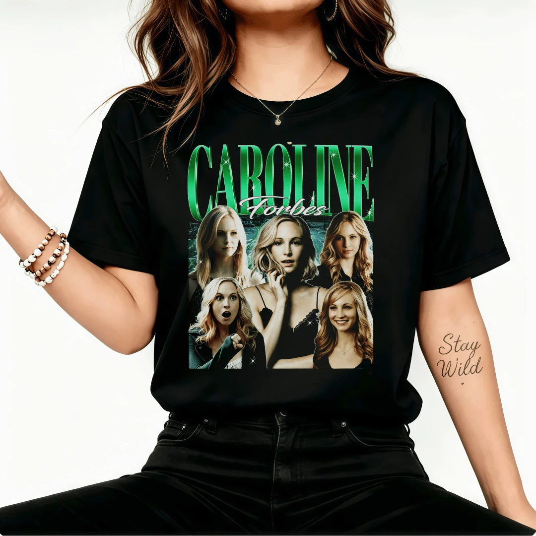 Caroline Forbes Retro Bootleg Red-Gold Lettering Multiple Poses TV Show Fan Art Graphic 100% Cotton Unisex Casual Short Sleeve T-Shirt - Black - View 1