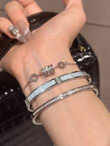 3pcs/1set New High-Quality Roman Numeral Zirconia Stainless Steel Bracelet Set For Women, Suitable For Delicate Wrists, Stackable, Lightweight Luxury, Unique Exquisite, Inlaid Rhinestones, Fashionable Design, Multi-Color Options, Durable Non-Fading, Perfect Daily Wear For Ladies - Silver - View 13