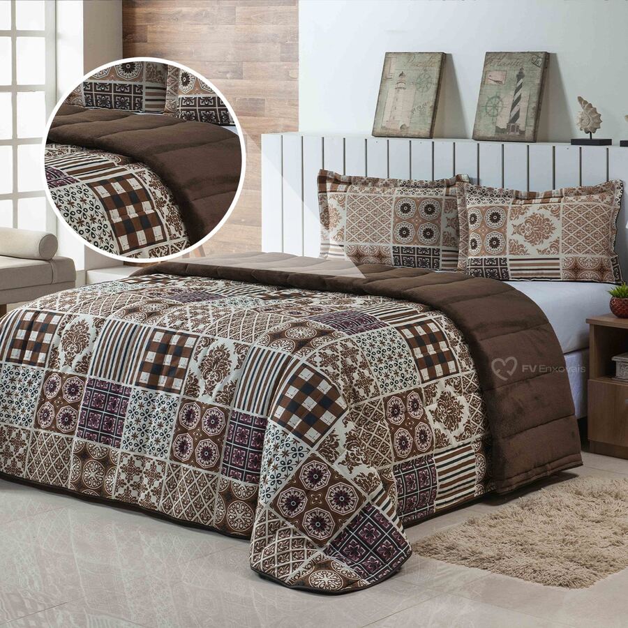 Queen Size 3 Piece Double Sided 400 Thread Count Printed Patchwork Blanket Kit Premium Bedding Soft Blanket - Mocha Brown - View 1