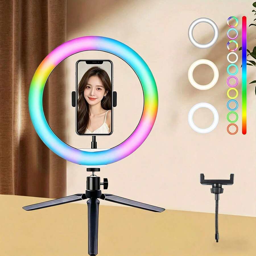 1pc Professional 10-Inch RGB Ring Light Set - Adjustable 38 Colors, Equipped With Sturdy Tripod And Phone Holder, Color Modes, Suitable For Selfie Ring Light, Video, Selfie, Makeup Applications And Other Scenes. Perfect For Photography, Video Recording, Live Streaming And Video Conferencing. - A - View 1