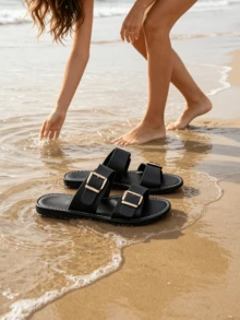 2025 New Summer Fashion Vintage Style Buckle Open Toe Flat Beach Sandals - Black - View 8