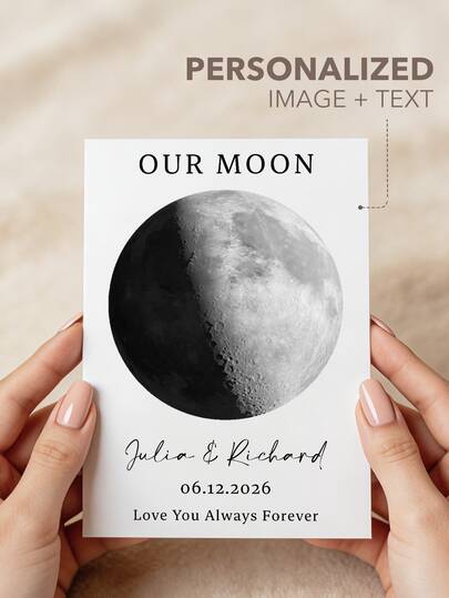 Custom Moon Phase Card Personalized Night Sky Greeting Card Custom Date Names Folded Card Anniversary Wedding Birthday Gift For Couples Romantic Minimalist Moon Card Custom Text Message Keepsake Card For Him Her Unique Memory Gift Frameable Card With Envelope Elegant Design Home Decor Display Two Styles Available Customizable Moon Phase Design