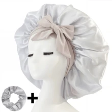 Bộ 2 chiếc "Không gian rộng rãi" - Mũ ngủ bằng satin màu trơn sang trọng kèm dây buộc tóc bằng satin, mũ ngủ hình chữ Y mềm mại cỡ lớn dùng cho giấc ngủ, mũ giữ nếp tóc bằng satin có dây buộc. - Nhiều màu - Xem 22