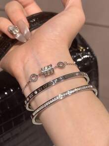 3pcs/1set New High-Quality Roman Numeral Zirconia Stainless Steel Bracelet Set For Women, Suitable For Delicate Wrists, Stackable, Lightweight Luxury, Unique Exquisite, Inlaid Rhinestones, Fashionable Design, Multi-Color Options, Durable Non-Fading, Perfect Daily Wear For Ladies - Silver - View 5