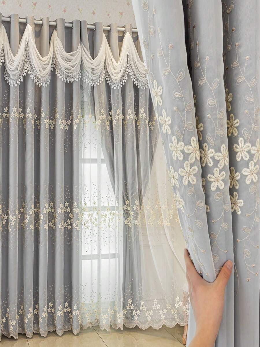 1 bộ rèm cửa cao cấp hai lớp thêu hoa 3D nổi bật, chất liệu vải voan mỏng, may sẵn, thích hợp cho phòng khách và phòng ngủ. - Màu xám đen - Xem 1