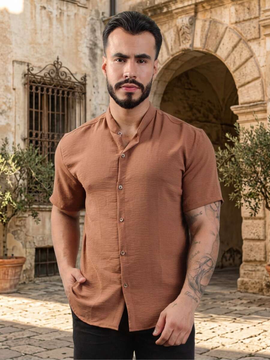 Men's Short Sleeve Shirt With Priest Collar, Lightweight, Work And Leisure - Coffee Brown - View 1
