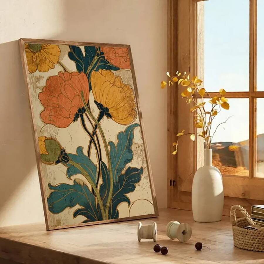 Set 1 Lukisan Dinding Kanvas Bunga Kuning Gaya Mid Century Modern | Cetakan Botani Jepang untuk Ruang Tamu dan Kamar Tidur, Tanpa Bingkai/Dengan Bingkai - A - View 1