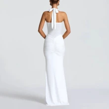 Spaghetti Strap Backless Mesh High Slit Fishtail Slip Dress, 100% Cotton Elegant Prom Dress For Summer Party Vacation - 白色 - 查看 2