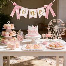 2 Stücke Rosa & Gold Schleife 1. Geburtstags Dekorations Set (2 Artikel) - Hochstuhl Banner + Geburtstagskrone, geeignet für 1 Jahr alte Geburtstage, Prinzessin Themen Party, Taufe und Foto Booth Hintergrund - Übersicht 5