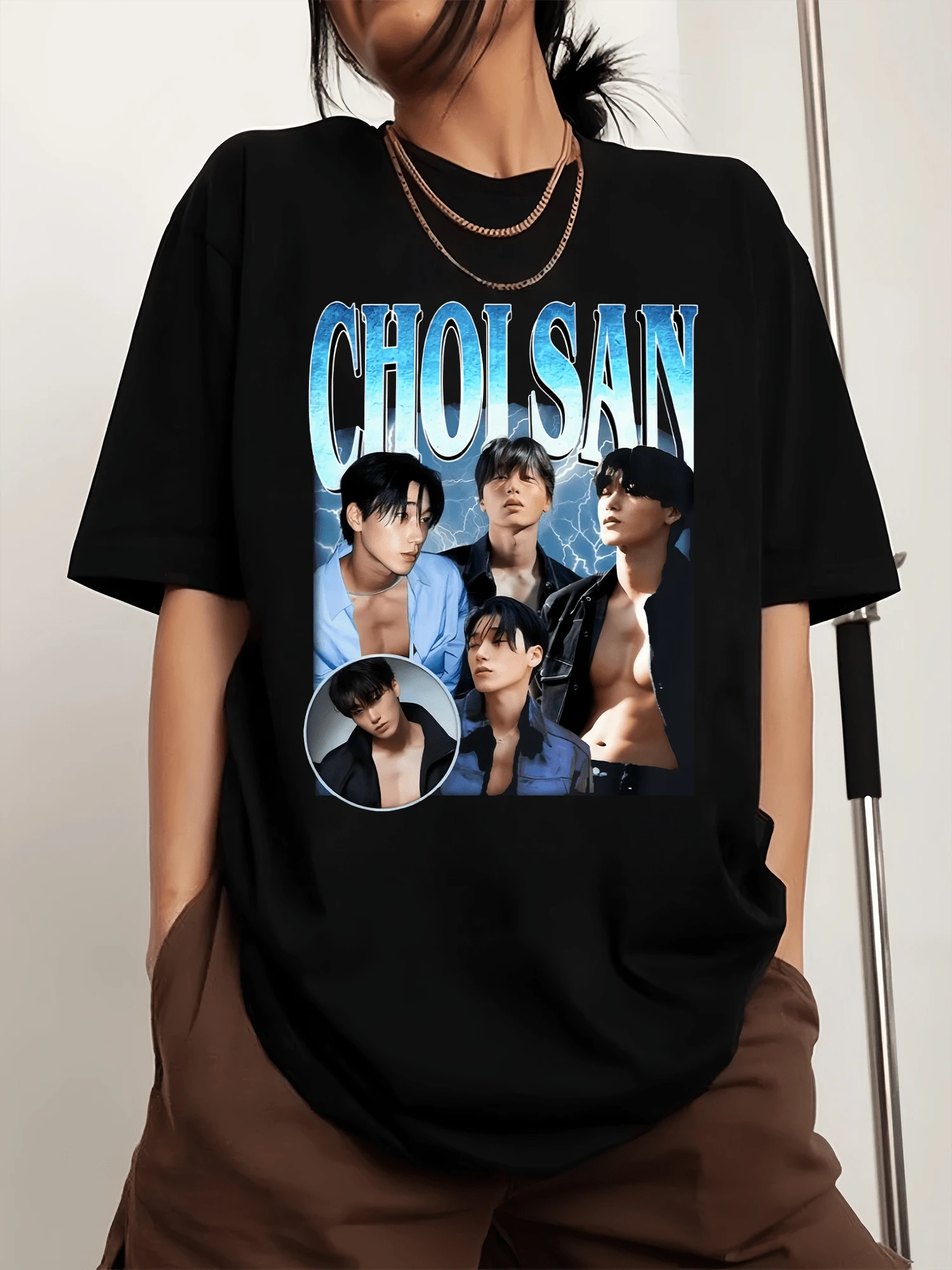 Choi San Ateezs Fan Rundringad Mönstrad Herr Kortärmad Sport-T-shirt - Svart - Visa 1