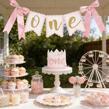 2 Stücke Rosa & Gold Schleife 1. Geburtstags Dekorations Set (2 Artikel) - Hochstuhl Banner + Geburtstagskrone, geeignet für 1 Jahr alte Geburtstage, Prinzessin Themen Party, Taufe und Foto Booth Hintergrund - Übersicht 7