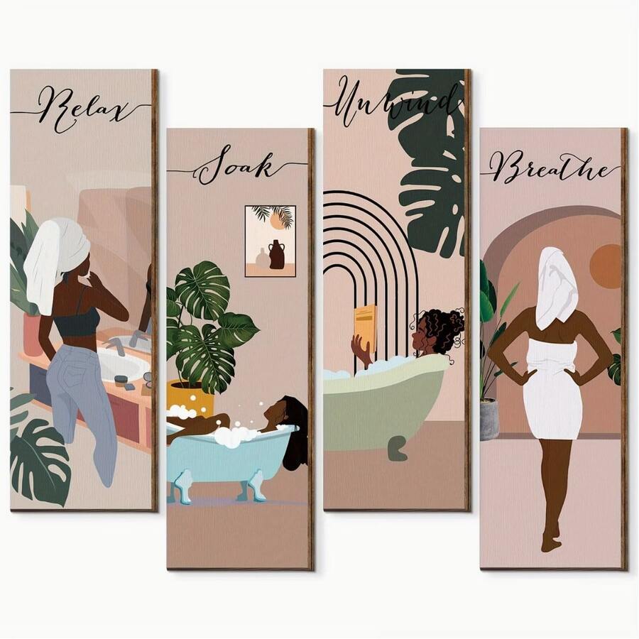 4pcs Set Wall Decor For Relaxing Bath, Bathroom Wall Art, Abstract Boho Style Wooden Decorative Plaques, Medieval Minimalist Plant Country Style Bathroom Wooden Signs - Multicolor - View 1