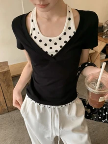 Black Regular Shoulder 2 In 1 Short Sleeve T-Shirt, Polka Dot Korean Stylish Design, Beautiful Top For Summer Casual - Black - View 4