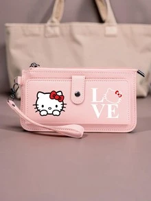 SANRIO 1pc Hello Kitty Long Wallet With Wrist Strap, Card Slots, Zipper Closure, Coin Pocket, Fashionable Print Design, Ideal Gift For Daily Use, Travel Accessory, Outdoor Shopping,Long Wallet With Wrist Strap & Zipper Pocket, Love Print Large Capacity Clutch Wallet For Women - Multicolor - View 4