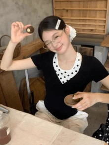 Black Regular Shoulder 2 In 1 Short Sleeve T-Shirt, Polka Dot Korean Stylish Design, Beautiful Top For Summer Casual - Black - View 3