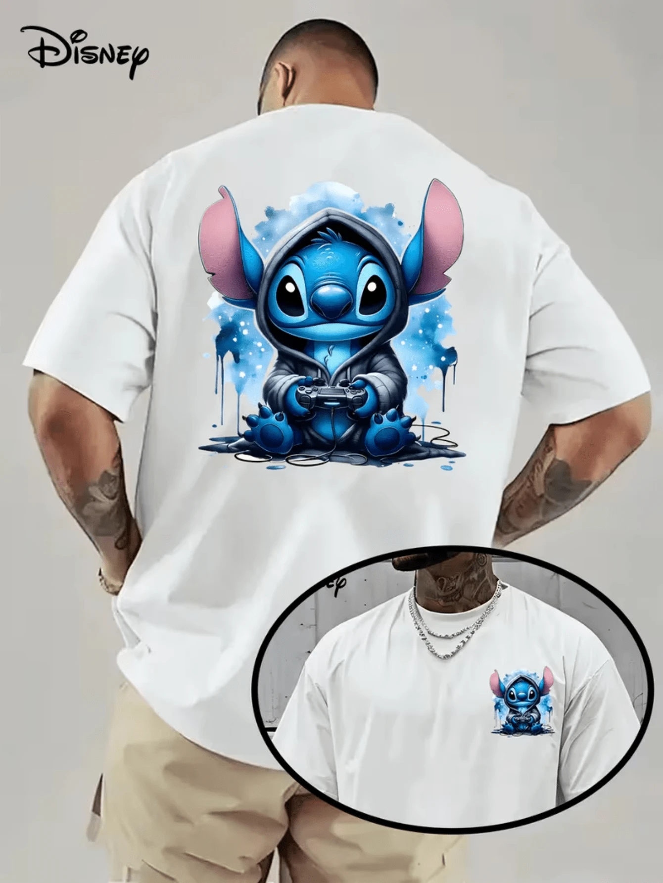(Disney Licensed)Disney Lilo & Stitch Men's T-Shirt, Gaming Stitch Graphic Print Tee, Oversized Crew Neck Short Sleeve Casual Streetwear T-Shirt, Watercolor Hoodie Stitch With Game Controller Summer Top For Men, Disney Officially Authorized Men's Short-Sleeved T-Shirts, Mens Clothes, Men, Ropa De Hombre, Summer Clothes, Men Shirts, Graphic Tees, Disney Outfits Men, Graphic Tees, Camisetas Para Hombre, Camisas Para Hombre, Summer Outfits For Men, Father's Day Gift, Perfect Gift For Family And Friends, Which Are Necessary For Birthday Parties, Disney Shirts, Mens Clothes, Summer Clothes, Officially Licensed Disney T-Shirts, Disney Men's And Women's Spring/Summer Fashion Casual Short-Sleeve T-Shirts - 白色 - 查看 1