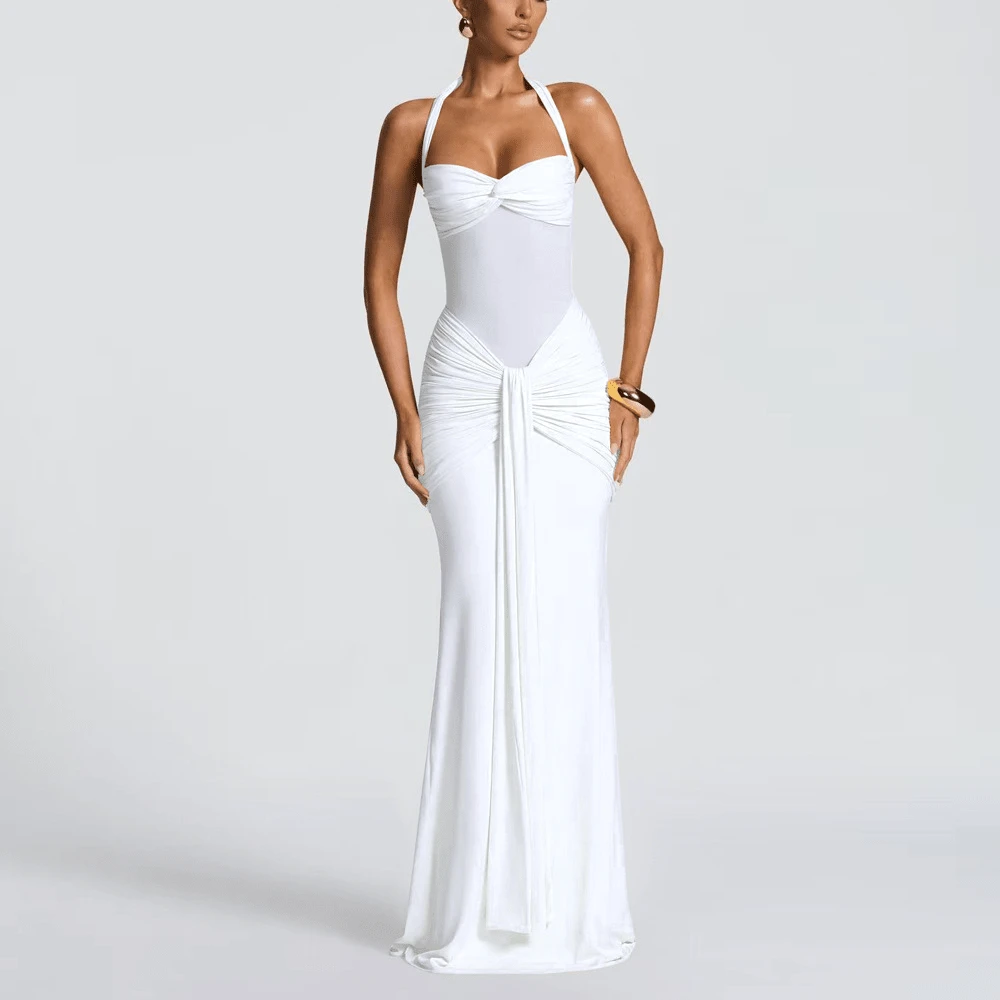 Spaghetti Strap Backless Mesh High Slit Fishtail Slip Dress, 100% Cotton Elegant Prom Dress For Summer Party Vacation - 白色 - 查看 1