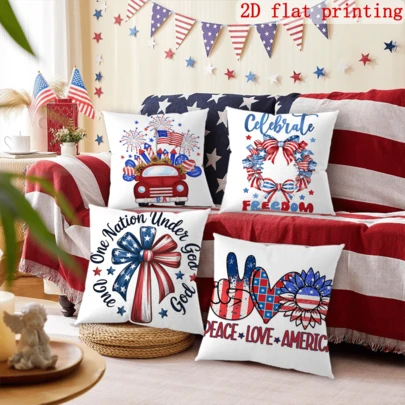 4PCS Patriotic Red Car With Fireworks And American Flags Decorative Pillow Cover, Soft Fabric With Zipper Closure, Perfect For Living Room, Bedroom, Or Office Home