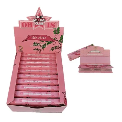 OHIS 粉色卷烟纸：32 张高品质粉色卷烟纸 + 32 个滤嘴 - 慢燃，尺寸可调节，是送给吸烟者的完美礼物 - 手工卷烟纸配件 - 未漂白卷烟纸 - 天然阿拉伯树胶卷烟纸 - 110 毫米慢燃卷烟纸 - 经典超薄卷烟纸，燃烧顺畅。圣诞节礼物、万圣节礼物、各种生日礼物。