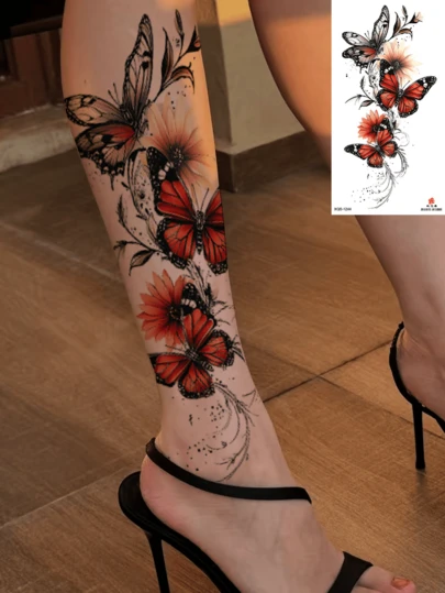 1pc Red Watercolor Butterfly & Floral Temporary Tattoo Sticker, Realistic Adult Tattoo, Waterproof & Long-Lasting, Can Cover Scars & Blemishes, Floral Tattoo Suitable For Waist, Chest, Leg, Arm, Easy To Apply & Remove