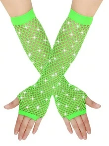 2只装女士80年代霓虹街头派对朋克风渔网镶钻高弹力露指手套，万圣节派对狂欢节母亲节礼物 - 彩色 - 查看 10