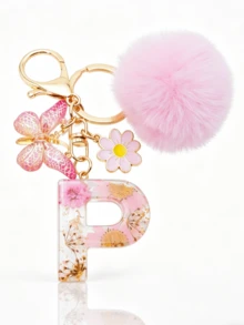 1pc Dried Flower Resin English Letter Keychain, Fashion Women Keychain With Butterfly Tassel Plush Ball Decor, Gift For Mom And Best Friend - Baby Pink - View 36