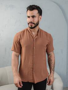 Men's Short Sleeve Shirt With Priest Collar, Lightweight, Work And Leisure - Coffee Brown - View 5