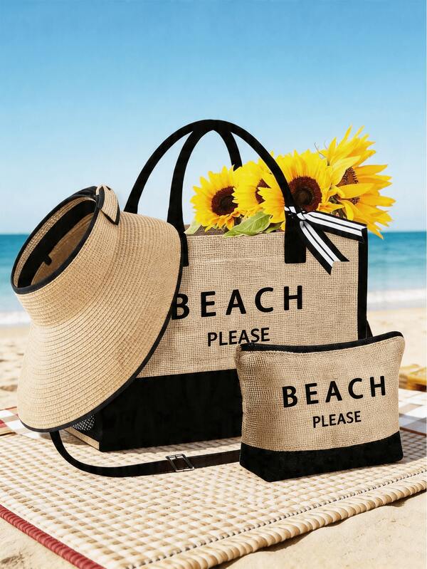 Set de 3 piezas Bolso de playa con sombrero de sol, bolso de lona para accesorios de playa, con sombrero de playa para mujer de onda color caqui, bolso de hombro, bolso, bolsa de maquillaje de lino, sombrero de sol de ala ancha con protección solar, sombrero plegable con forma de lazo para viajes al aire libre, primavera y verano ajustable