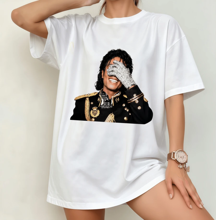 Michael Jackso Vintage Retro Commemorative Portrait Crew Neck T-Shirt | Unisex Nostalgia Pop Icon Fan Shirt White - White - View 1