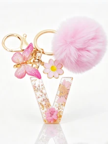 1pc Dried Flower Resin English Letter Keychain, Fashion Women Keychain With Butterfly Tassel Plush Ball Decor, Gift For Mom And Best Friend - Baby Pink - View 34