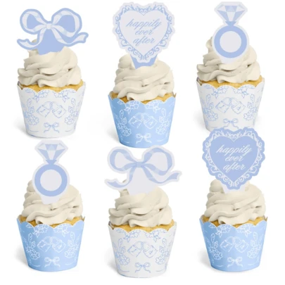 Trang trí bánh cupcake cho tiệc cô dâu - Màu xanh dương, nơ cho tiệc độc thân, nhẫn, bánh cưới, tiệc đính hôn.