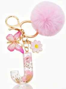 1pc Dried Flower Resin English Letter Keychain, Fashion Women Keychain With Butterfly Tassel Plush Ball Decor, Gift For Mom And Best Friend - Baby Pink - View 37